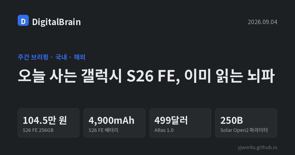주간 브리핑 카드: 갤럭시 S26 FE 256GB 104만 5천 원, 배터리 4,900mAh, Atlas 1.0 499달러, Solar Open2 250B 파라미터