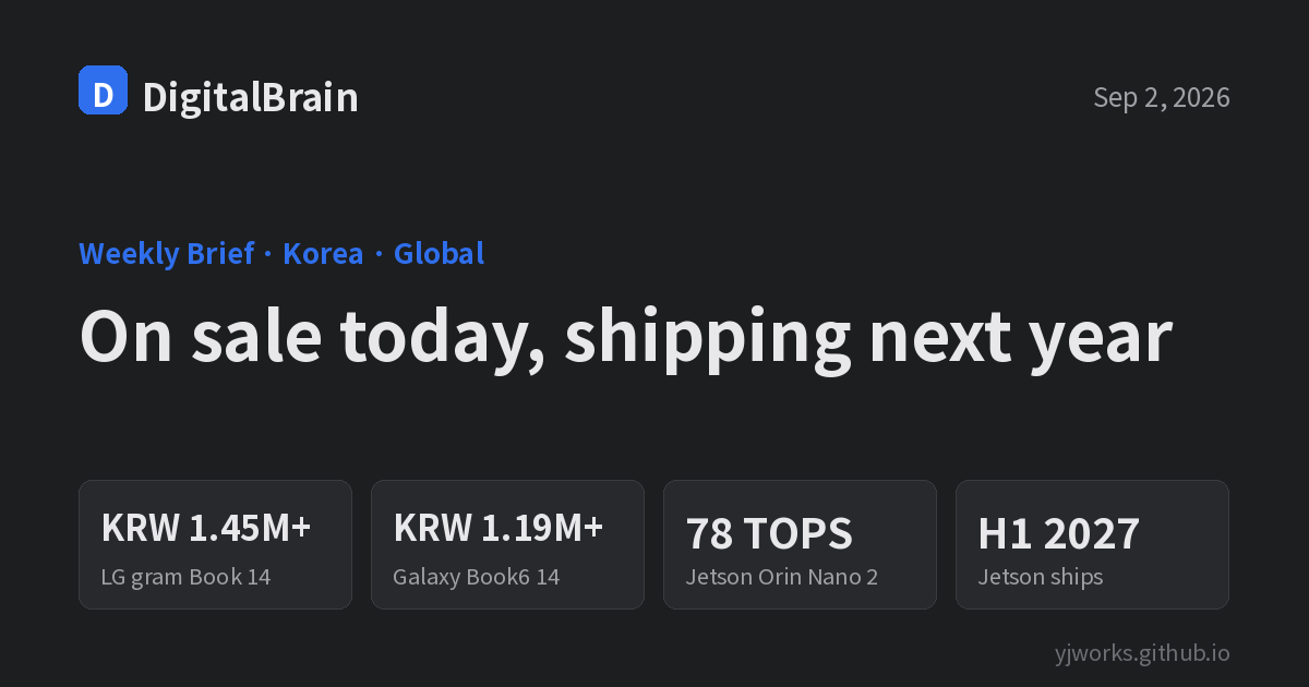 Weekly brief card: LG gram Book 14 from KRW 1.45M, Galaxy Book6 14 from KRW 1.19M, Jetson Orin Nano 2 at 78 TOPS, shipping H1 2027
