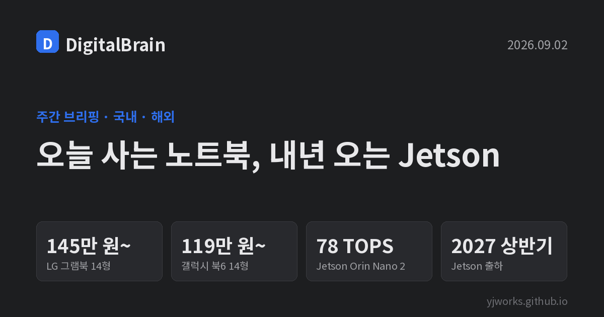 주간 브리핑 카드: LG 그램북 14형 145만 원부터, 갤럭시 북6 14형 119만 원부터, Jetson Orin Nano 2 78 TOPS, 2027년 상반기 출하